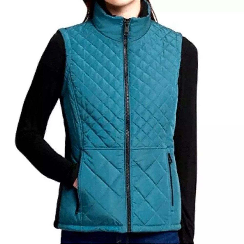 Andrew Marc Womens Sz Medium Blue Teal Puffer Quilted Zip Up Vest Knit Sides